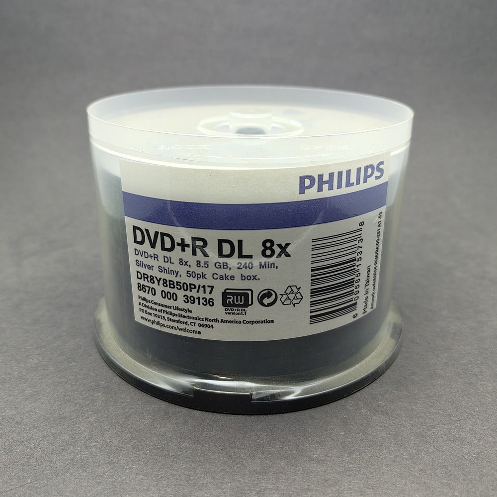 [SALE] Philips Dual Layer DVD+R 8X 8.5GB 240Min Silver Shiny, Cakebox