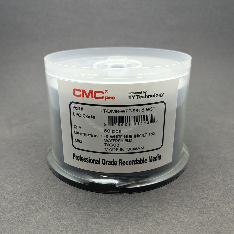 CMC Pro (TY) DVD-R 4.7GB 16X Water Shield White Inkjet Hub Printable, Cakebox