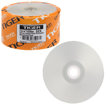 Tiger CDR / CD-R 52X 700MB Silver Inkjet Printable, Metalized Hub